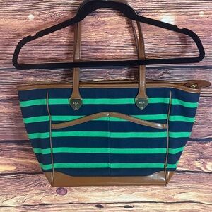 Lauren Ralph Lauren Green and Brown Striped Tote